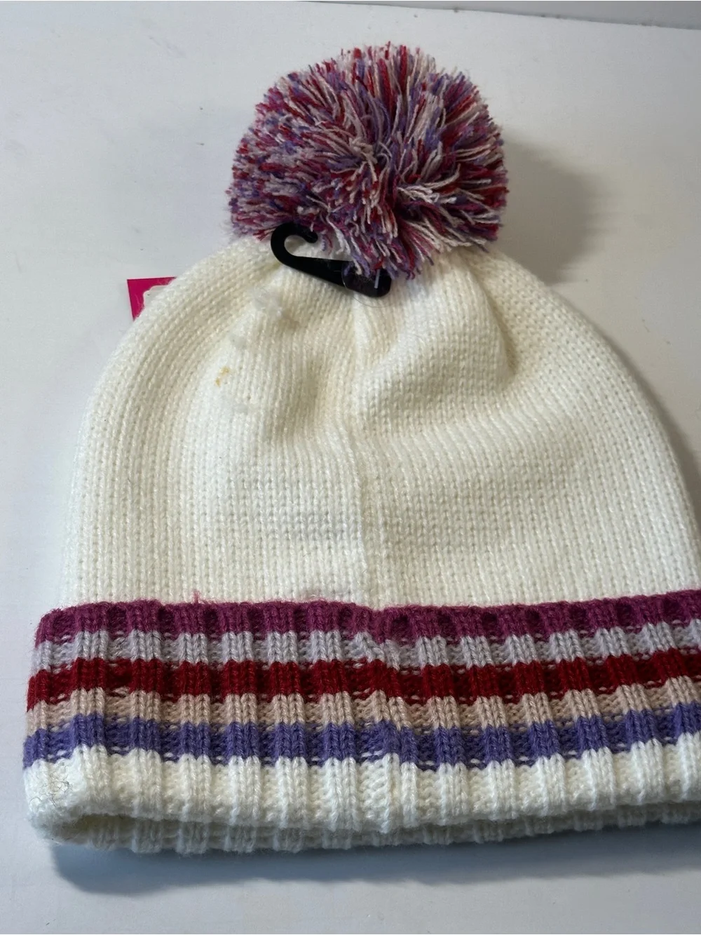 NWT Rampage Cream Multicolor Striped Pom Pom Beanie